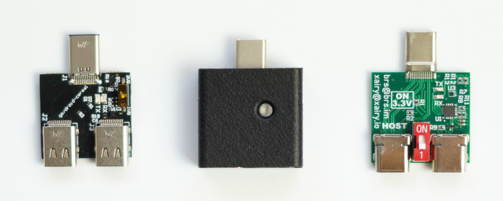 Left to right: 1. USB-Cereal fabricated based on original Google design;<br>2. 0xDA's version of USB-Cereal; 3. Private version of USB-Cereal
